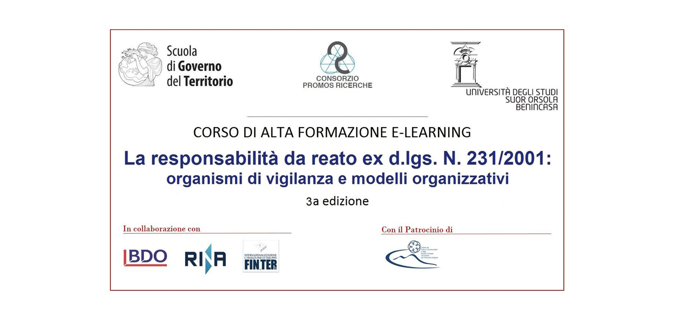 Il Corso, strutturato in 40 ore di didattica organizzate in 10 lezioni, verrà erogato in modalità e-learning, in diretta da remoto, con una piattaforma che consentirà l’interazione tra docenti e discenti.